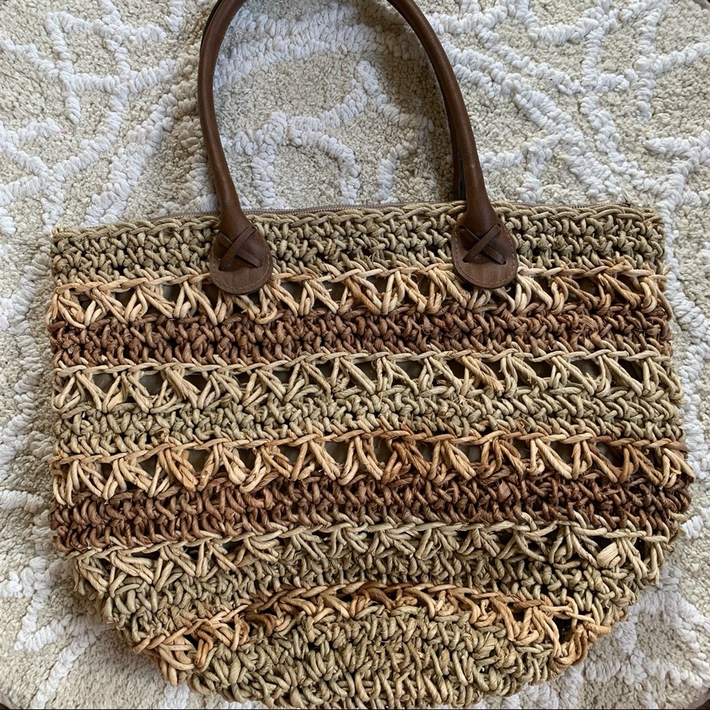 Vintage Striped Straw Hobo Bucket Tote Bag - Picture 12 of 12